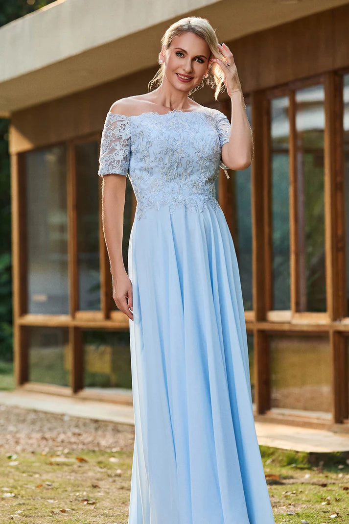 Romantic A-Line Off-Shoulder Short-Sleeve Button-Back Floor-Length Mother of the Bride Dresses