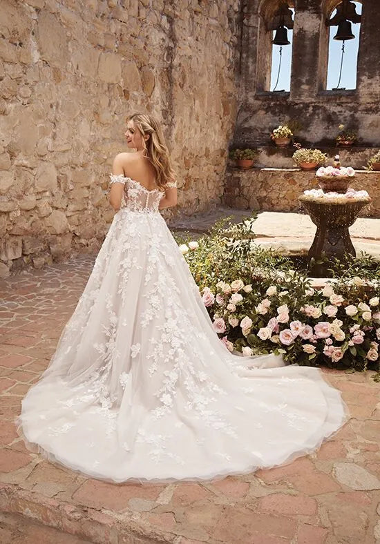 Romantic A-Line Off-The-Shoulder Lace Back Train Wedding Dresses