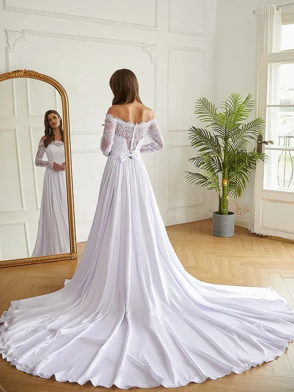 Romantic A-Line Off-The-Shoulder Lace Sleeve Bow Back Train Wedding Dresses