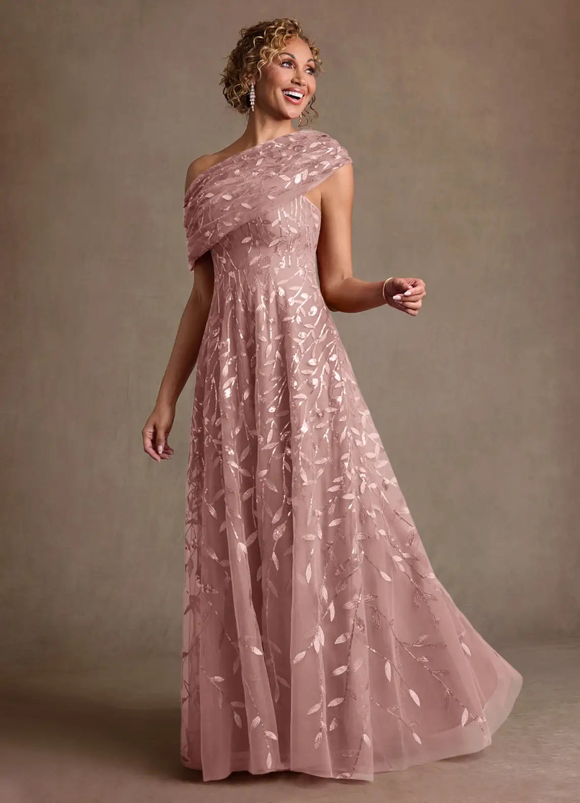 Romantic A-Line One-Shoulder Draped Back Floor-Length Mother of the Bride Dress