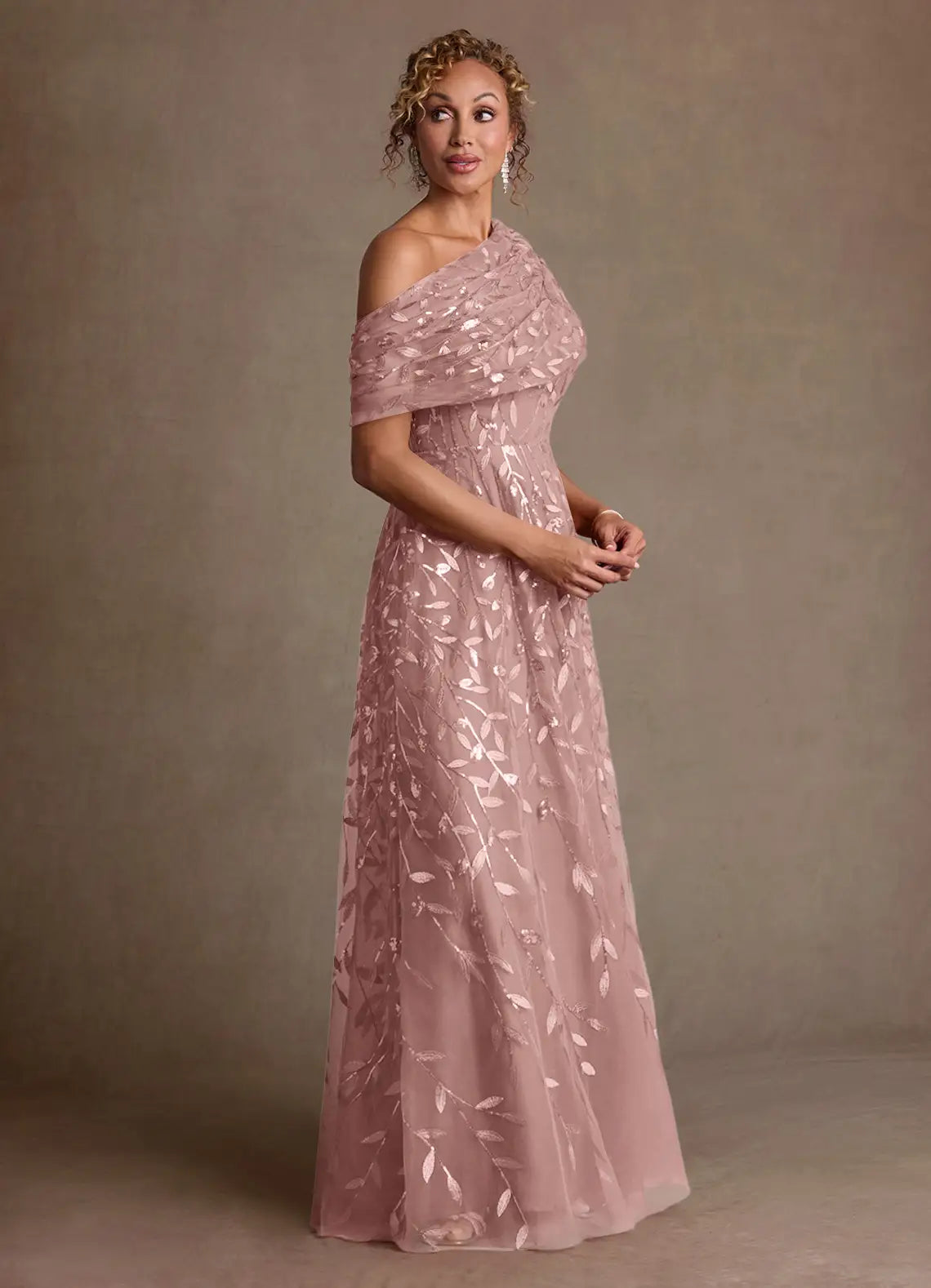 Romantic A-Line One-Shoulder Draped Back Floor-Length Mother of the Bride Dress