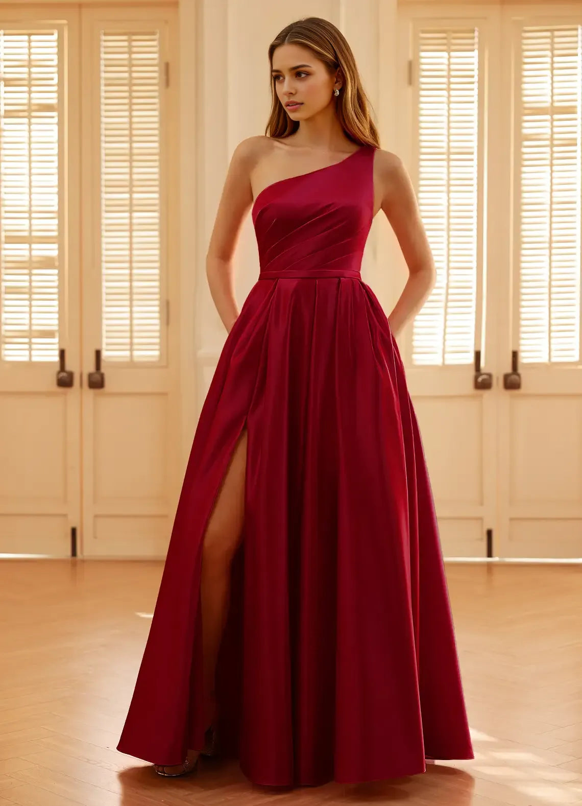 Romantic A-Line One-Shoulder Sleeveless Back Zip Floor-Length Burgundy Satin Prom Dress with High Slit