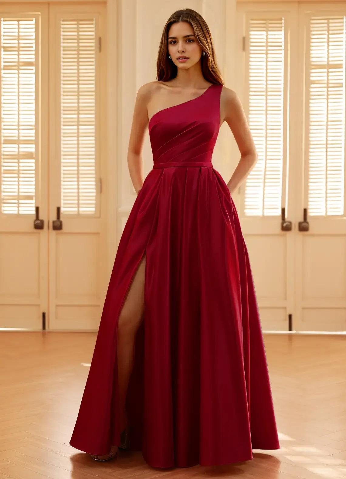 Romantic A-Line One-Shoulder Sleeveless Back Zip Floor-Length Burgundy Satin Prom Dress with High Slit