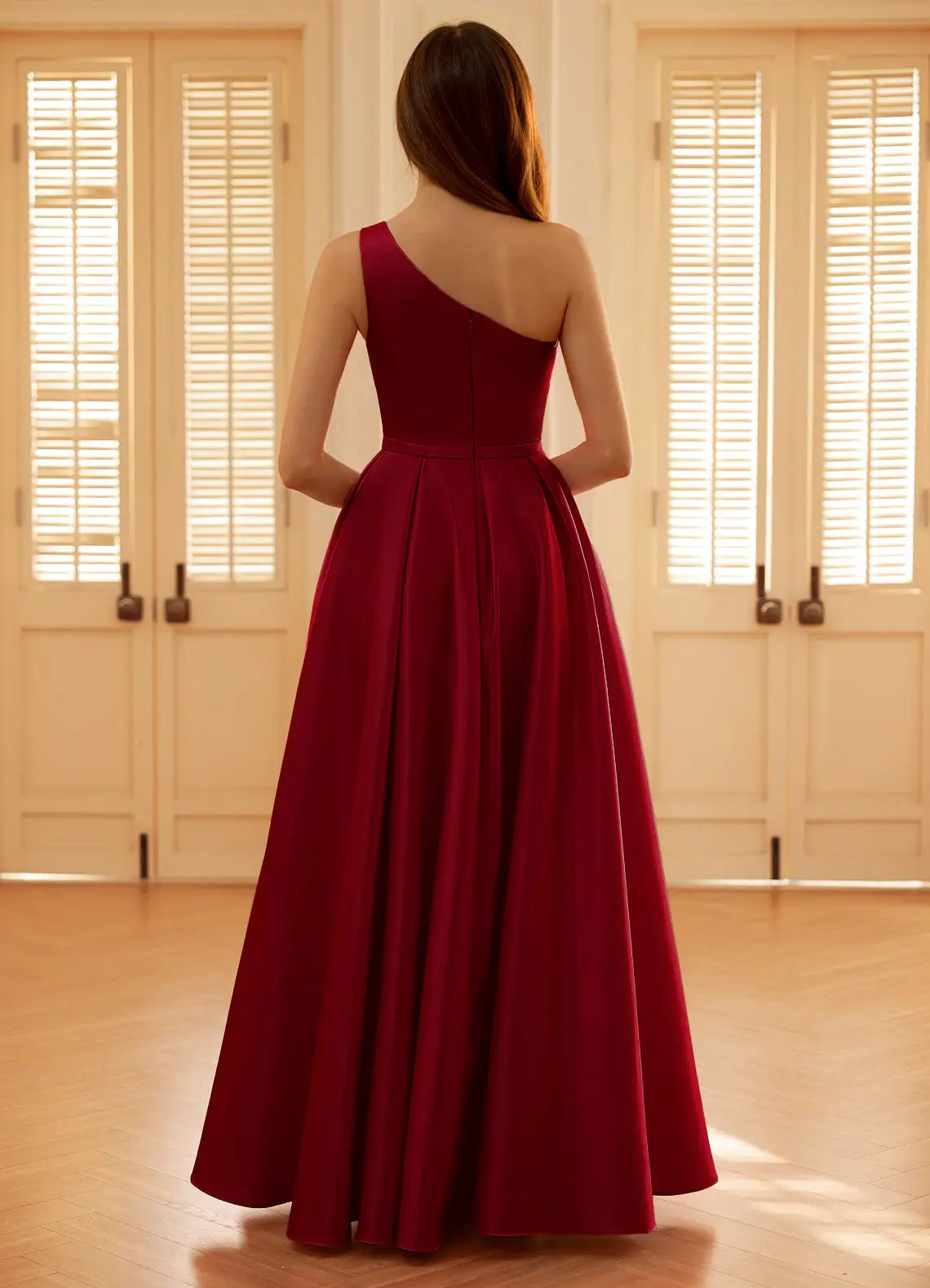 Romantic A-Line One-Shoulder Sleeveless Back Zip Floor-Length Burgundy Satin Prom Dress with High Slit
