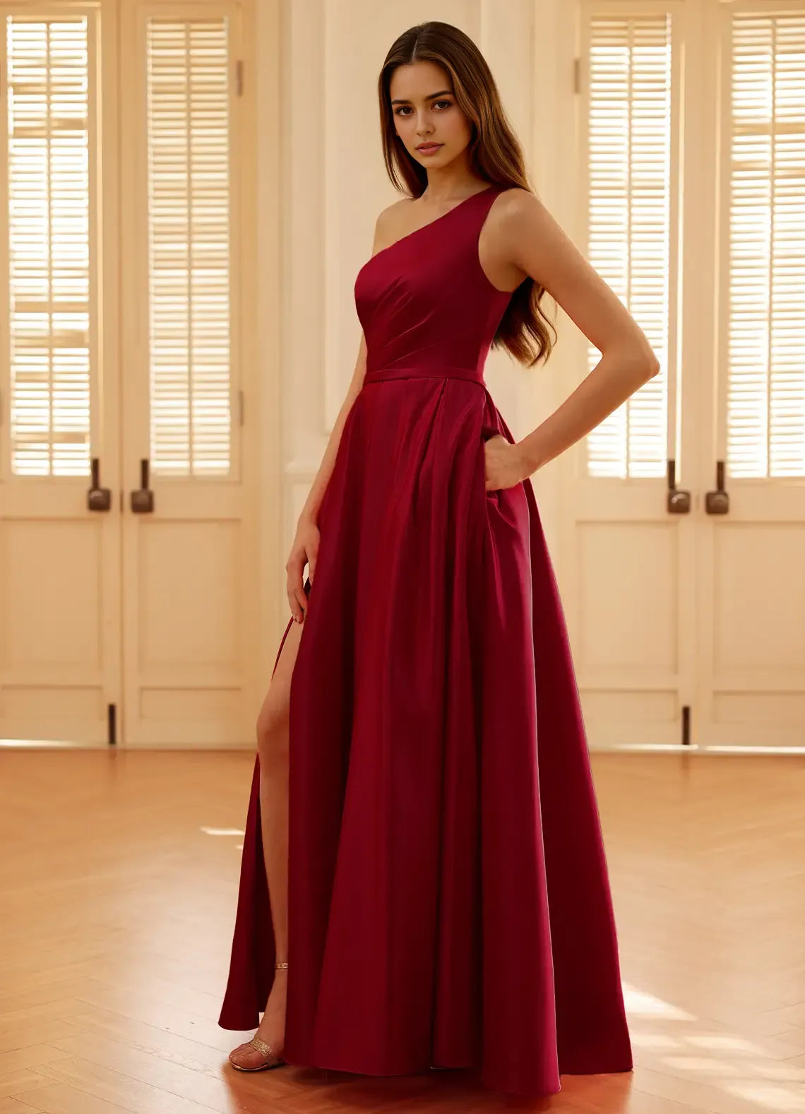 Romantic A-Line One-Shoulder Sleeveless Back Zip Floor-Length Burgundy Satin Prom Dress with High Slit
