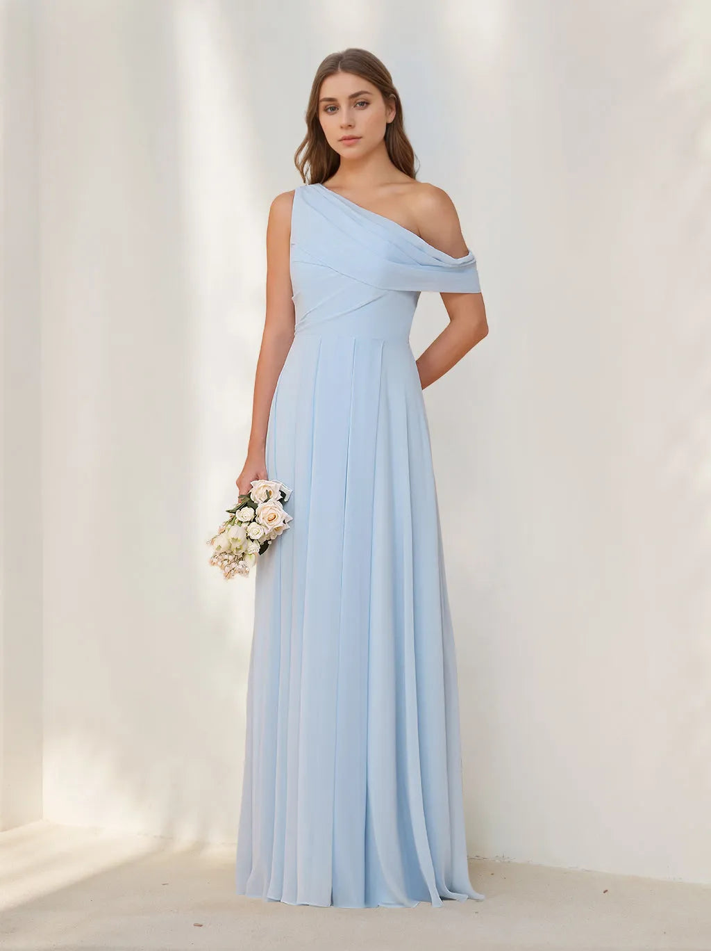 Romantic A-Line One-Shoulder Sleeveless Drape Back Floor-Length Bridesmaid Dresses