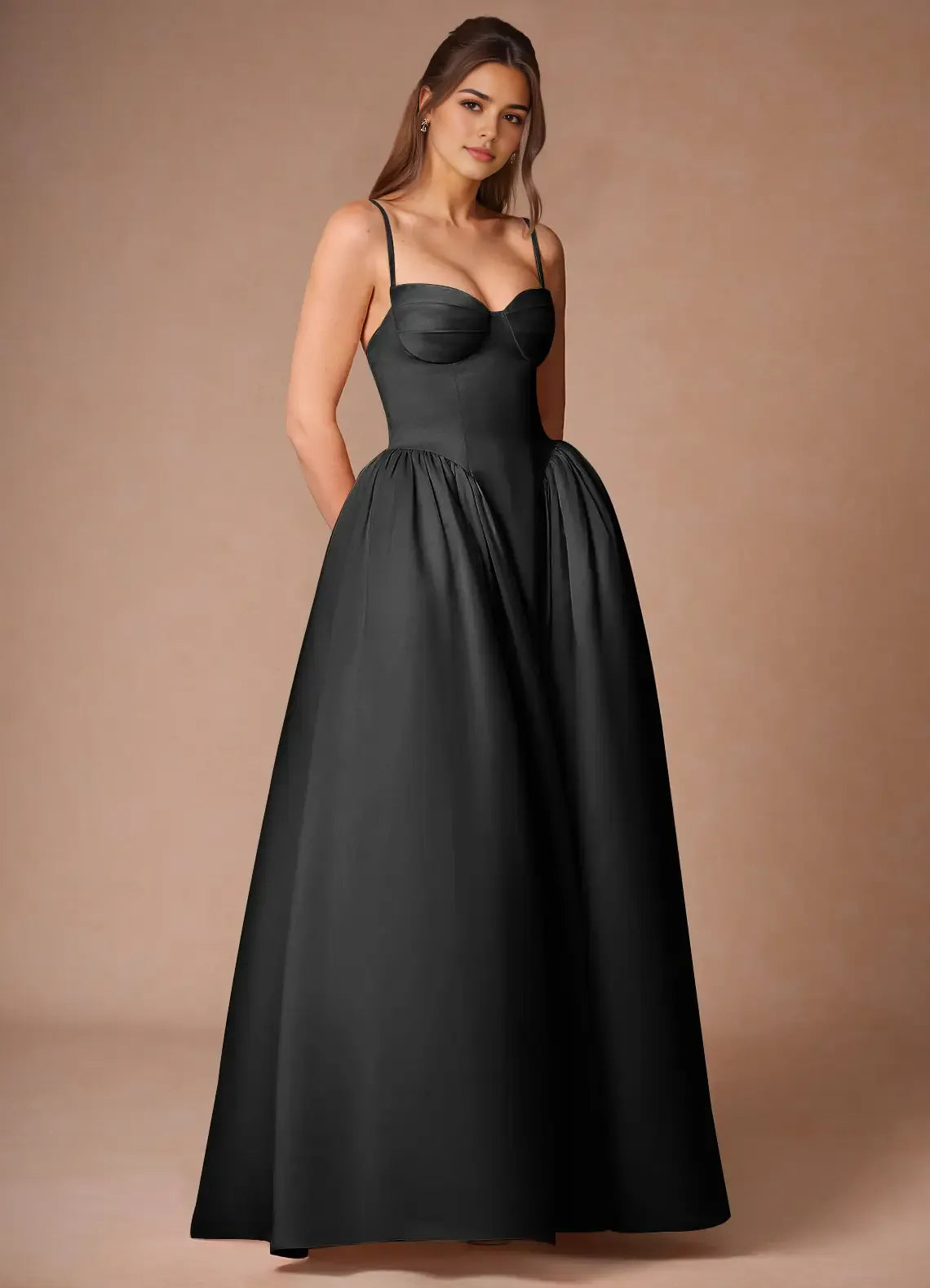 Romantic A-Line Spaghetti-Strap Sleeveless Back Zip Floor-Length Black Satin Prom Dress