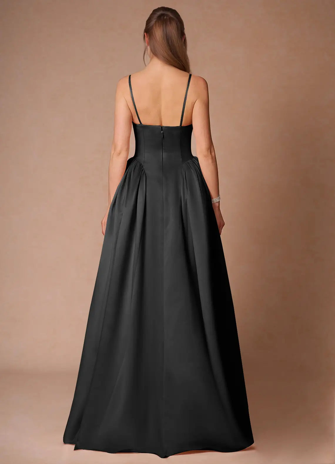 Romantic A-Line Spaghetti-Strap Sleeveless Back Zip Floor-Length Black Satin Prom Dress