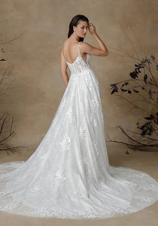 Romantic A-Line Scoop Neck Spaghetti Strap Lace Back Train Wedding Dresses