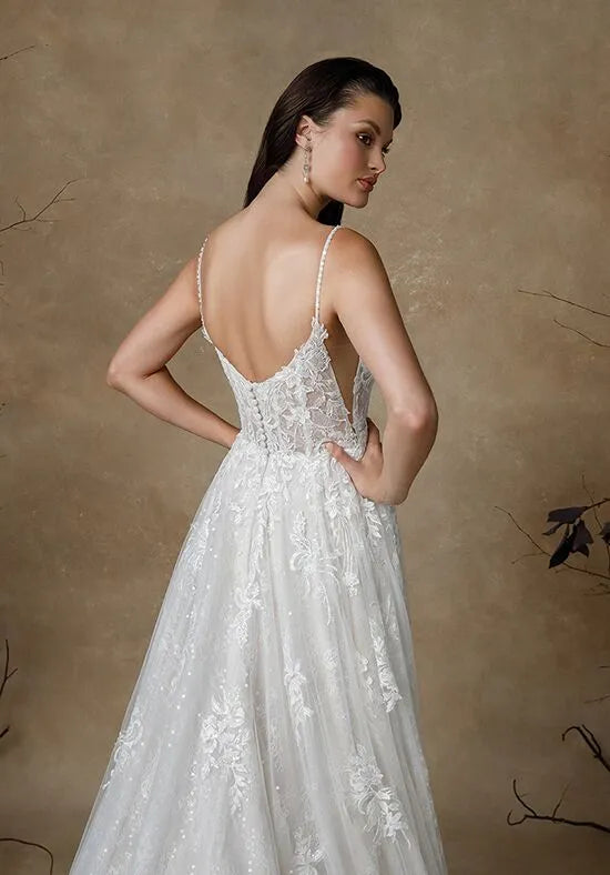 Romantic A-Line Scoop Neck Spaghetti Strap Lace Back Train Wedding Dresses