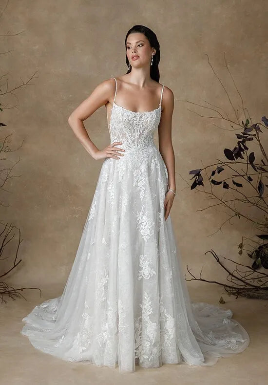 Romantic A-Line Scoop Neck Spaghetti Strap Lace Back Train Wedding Dresses