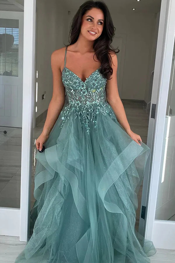 Romantic A-Line Spaghetti Straps Sleeveless Sequin Appliques Ruffled Tulle Crisscross Back Floor-Length Prom Dresses