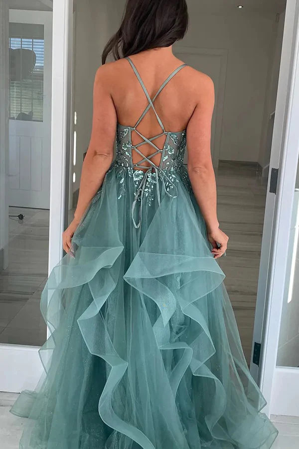 Romantic A-Line Spaghetti Straps Sleeveless Sequin Appliques Ruffled Tulle Crisscross Back Floor-Length Prom Dresses