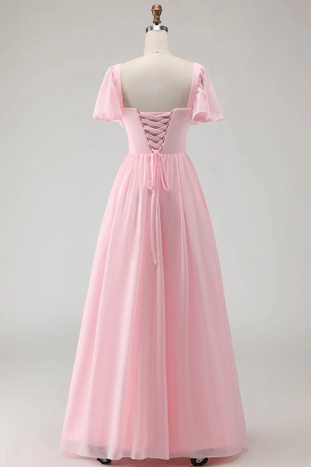 Romantic A-Line Square Neck Flutter-Sleeve Lace-Up-Back Floor-Length Bridesmaid Dresses
