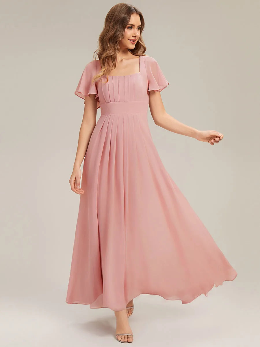 Romantic A-Line Square Neck Flutter-Sleeve Tie-Back Floor-Length Bridesmaid Dresses