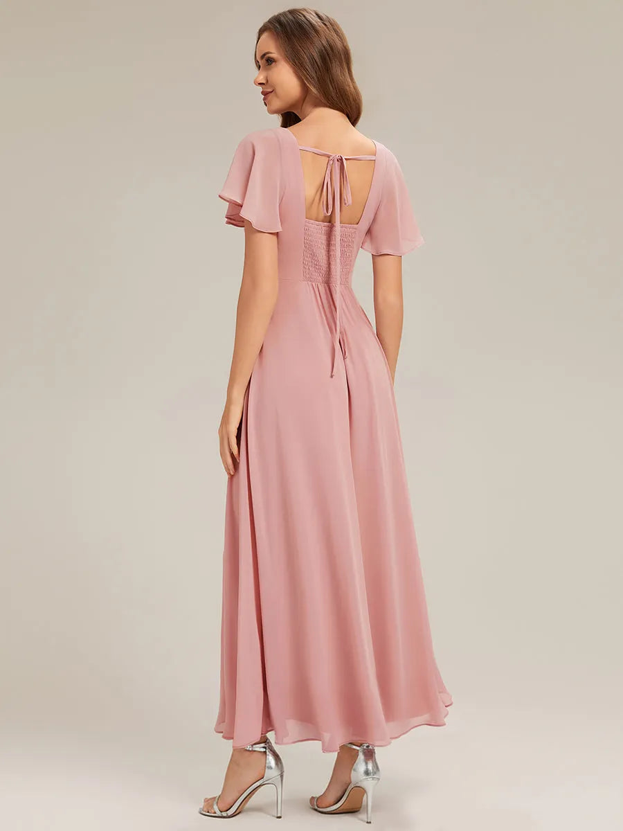 Romantic A-Line Square Neck Flutter-Sleeve Tie-Back Floor-Length Bridesmaid Dresses