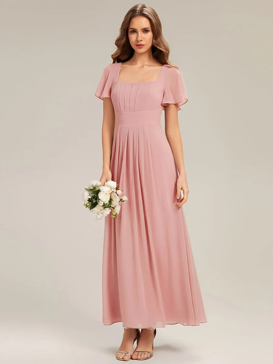 Romantic A-Line Square Neck Flutter-Sleeve Tie-Back Floor-Length Bridesmaid Dresses