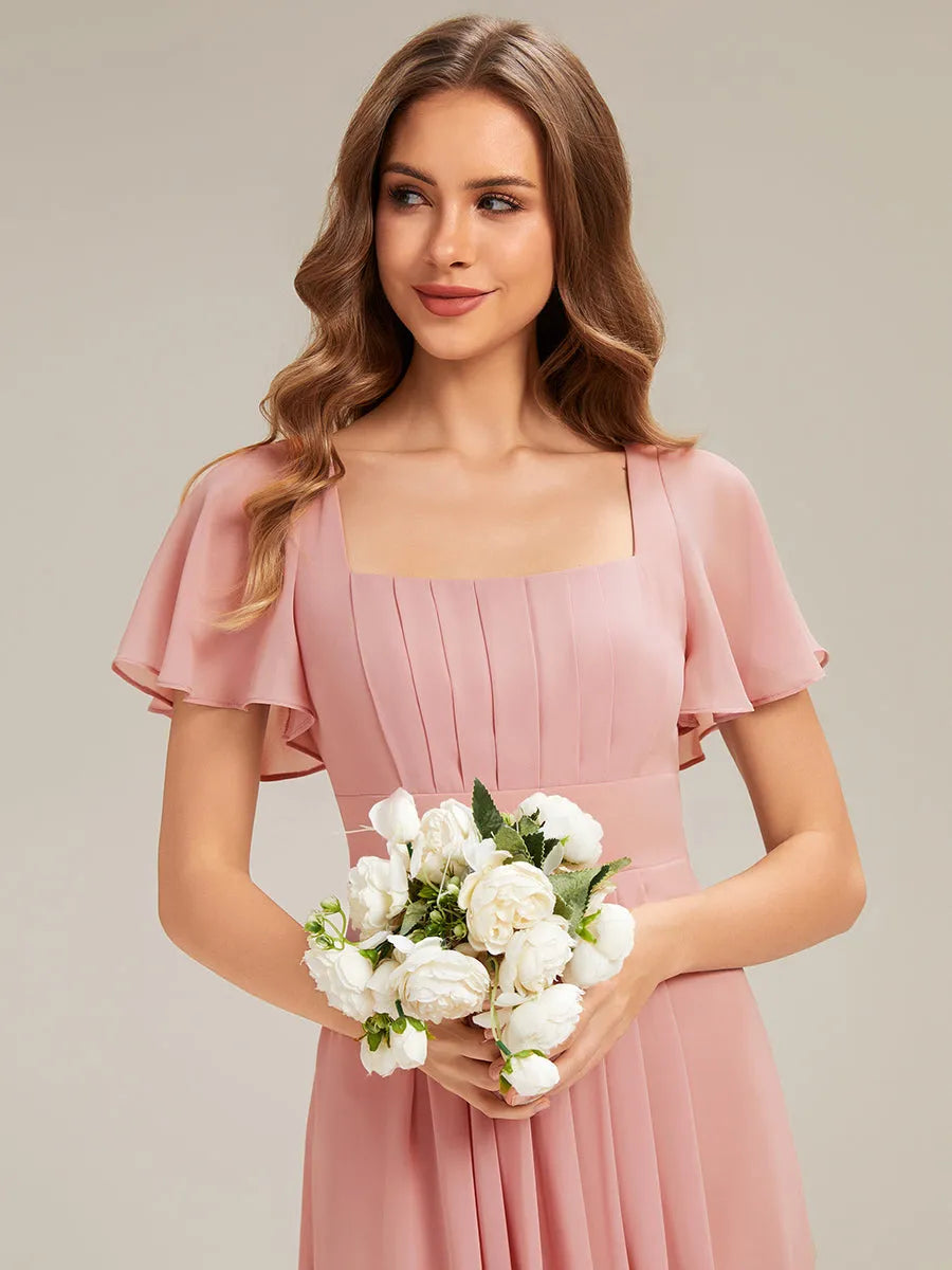 Romantic A-Line Square Neck Flutter-Sleeve Tie-Back Floor-Length Bridesmaid Dresses