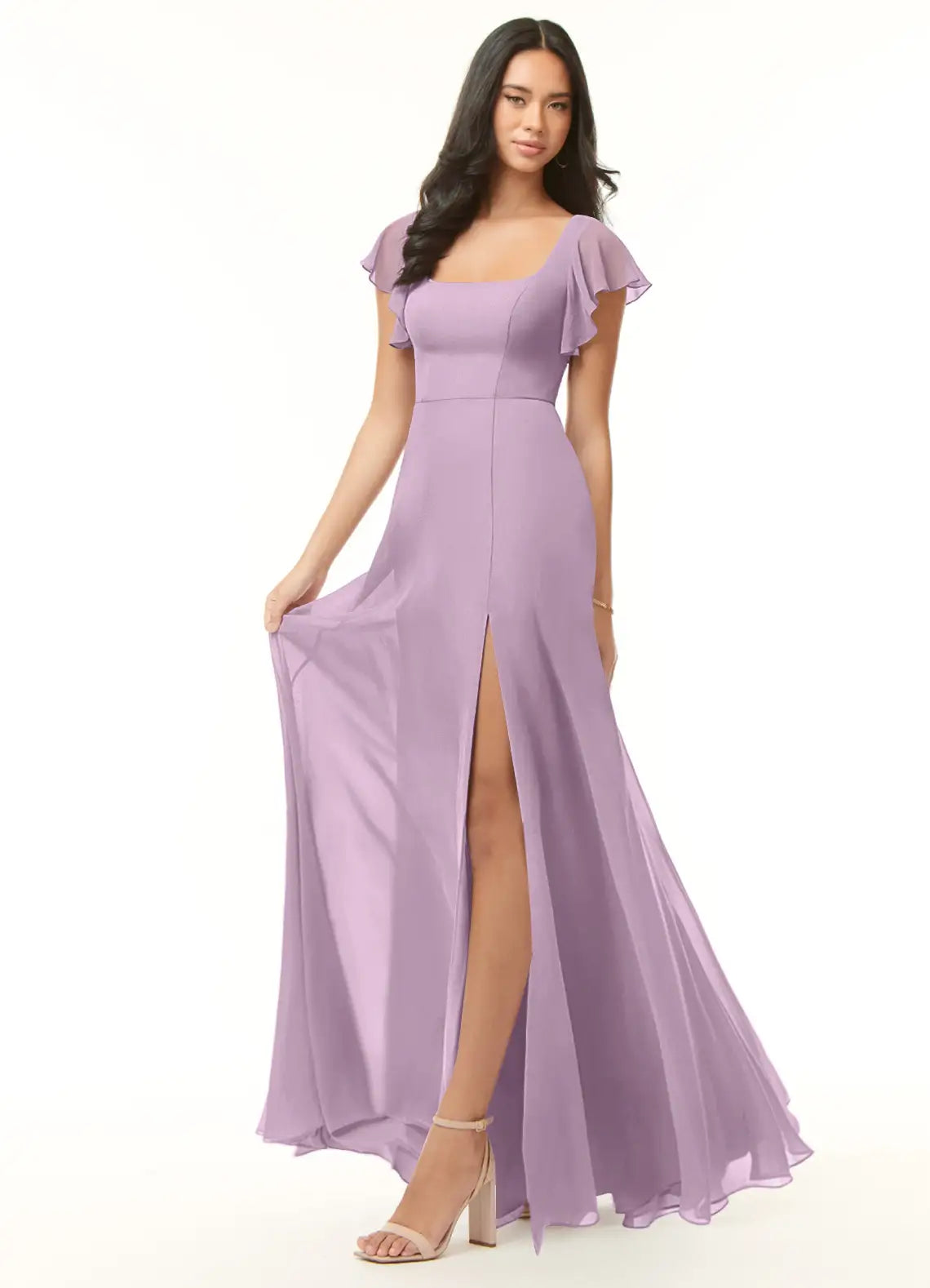 Romantic A-Line Square Neck Flutter-Sleeve Zipper-Back Floor-Length Bridesmaid Dresses