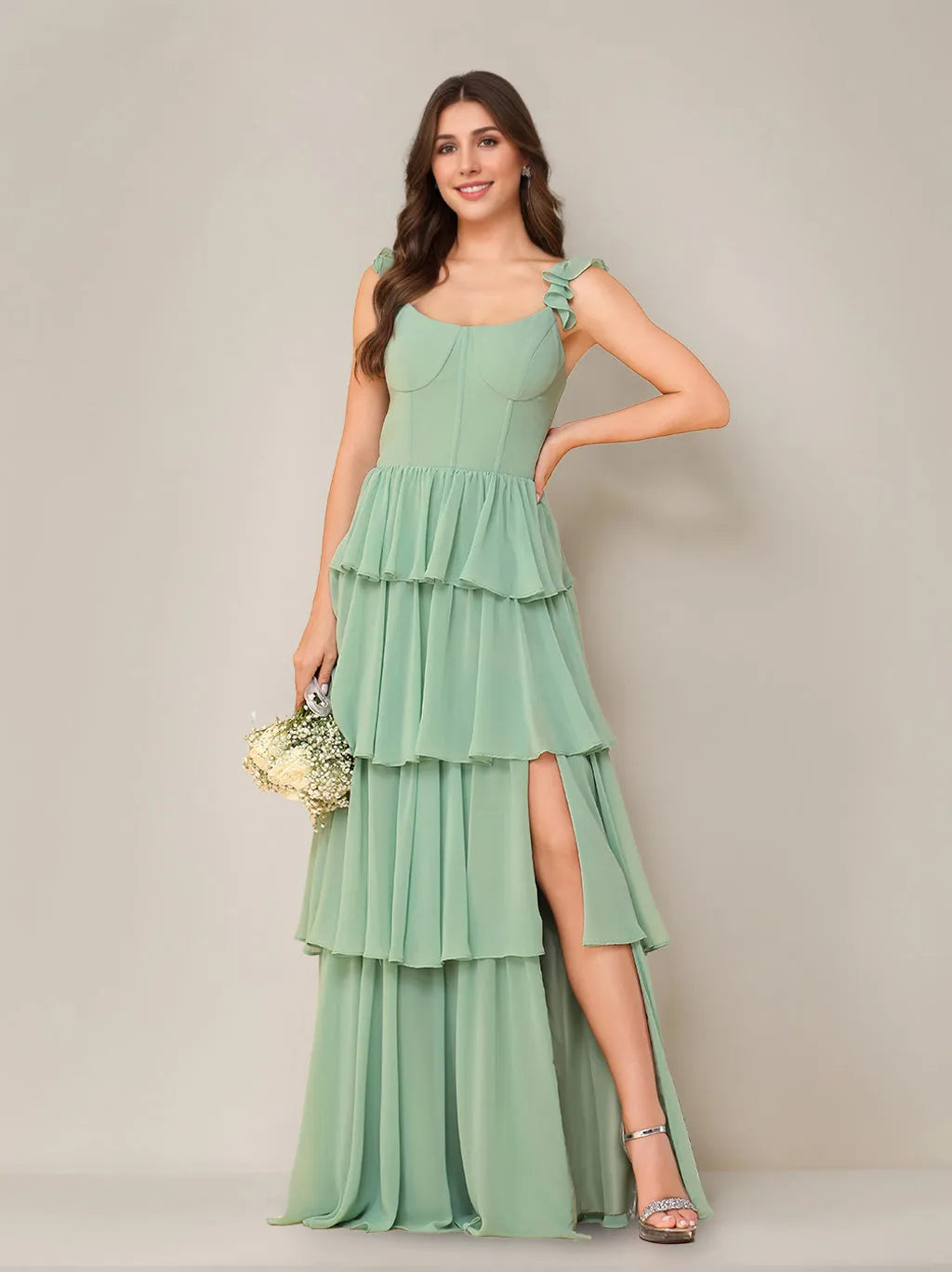 Romantic A-Line Square Neck Ruffle Strap Open Back Floor-Length Bridesmaid Dresses