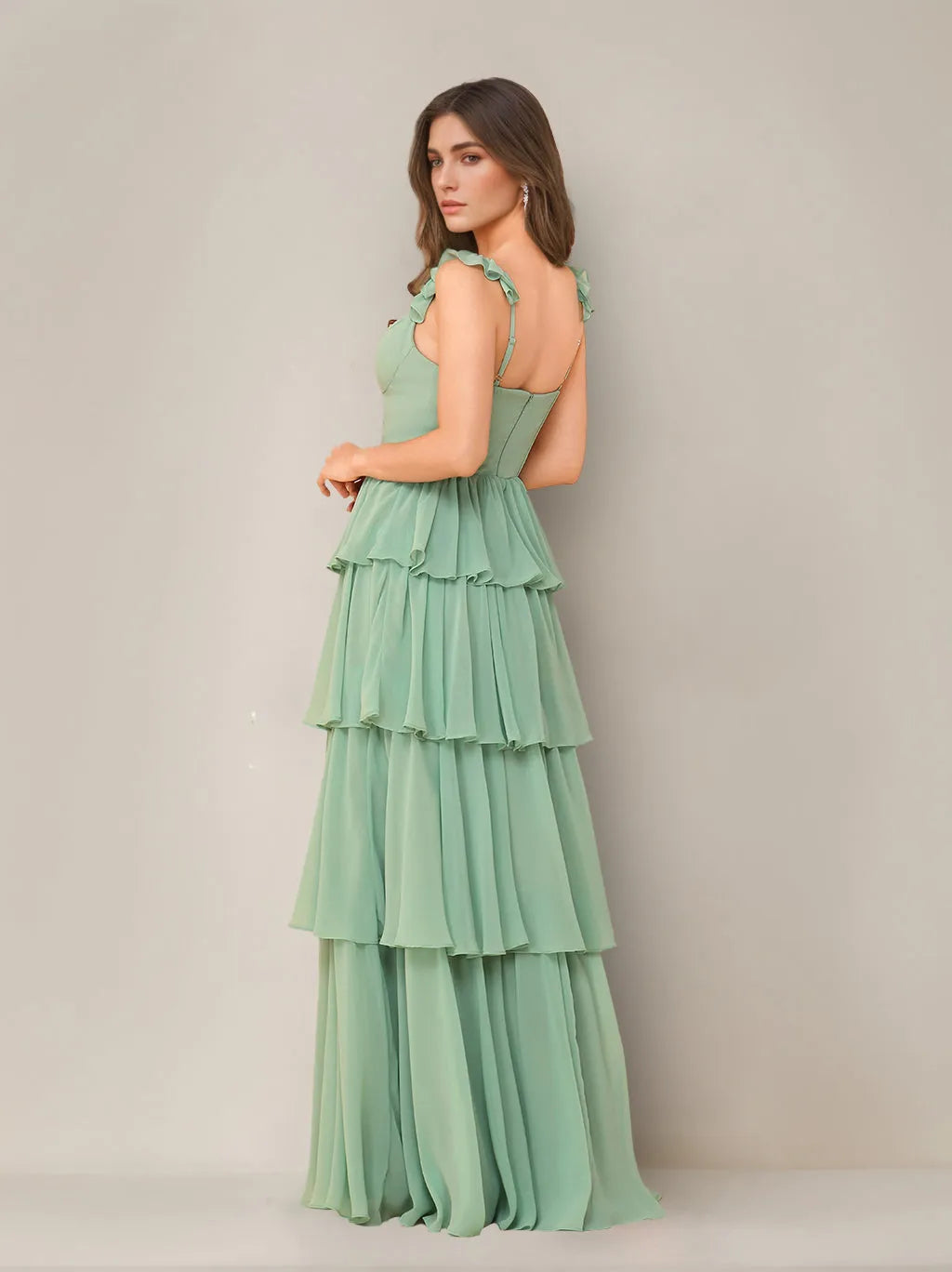 Romantic A-Line Square Neck Ruffle Strap Open Back Floor-Length Bridesmaid Dresses