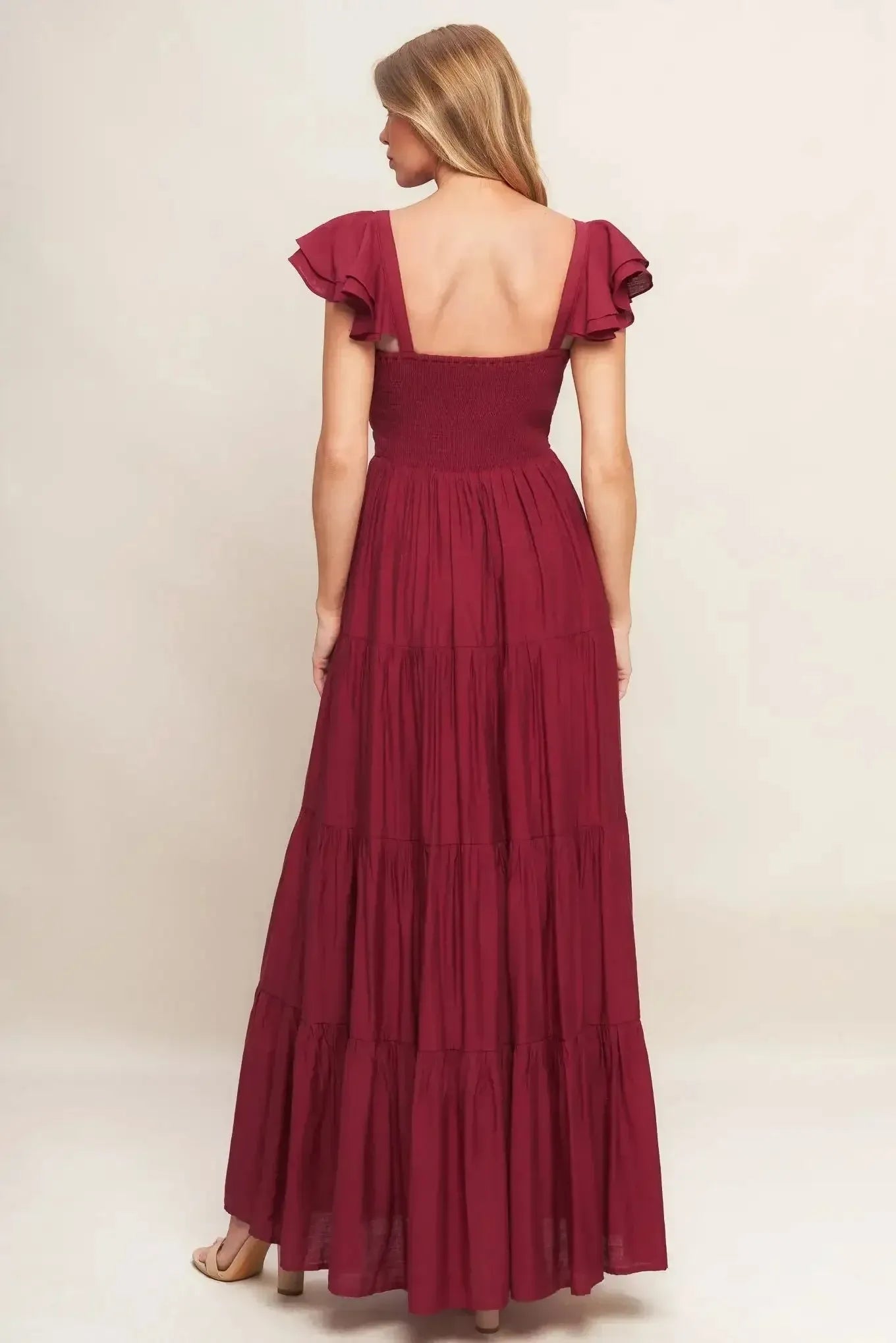 Romantic A-Line Square Neck Ruffle Strap Smocked Back Floor-Length Casual Dresses