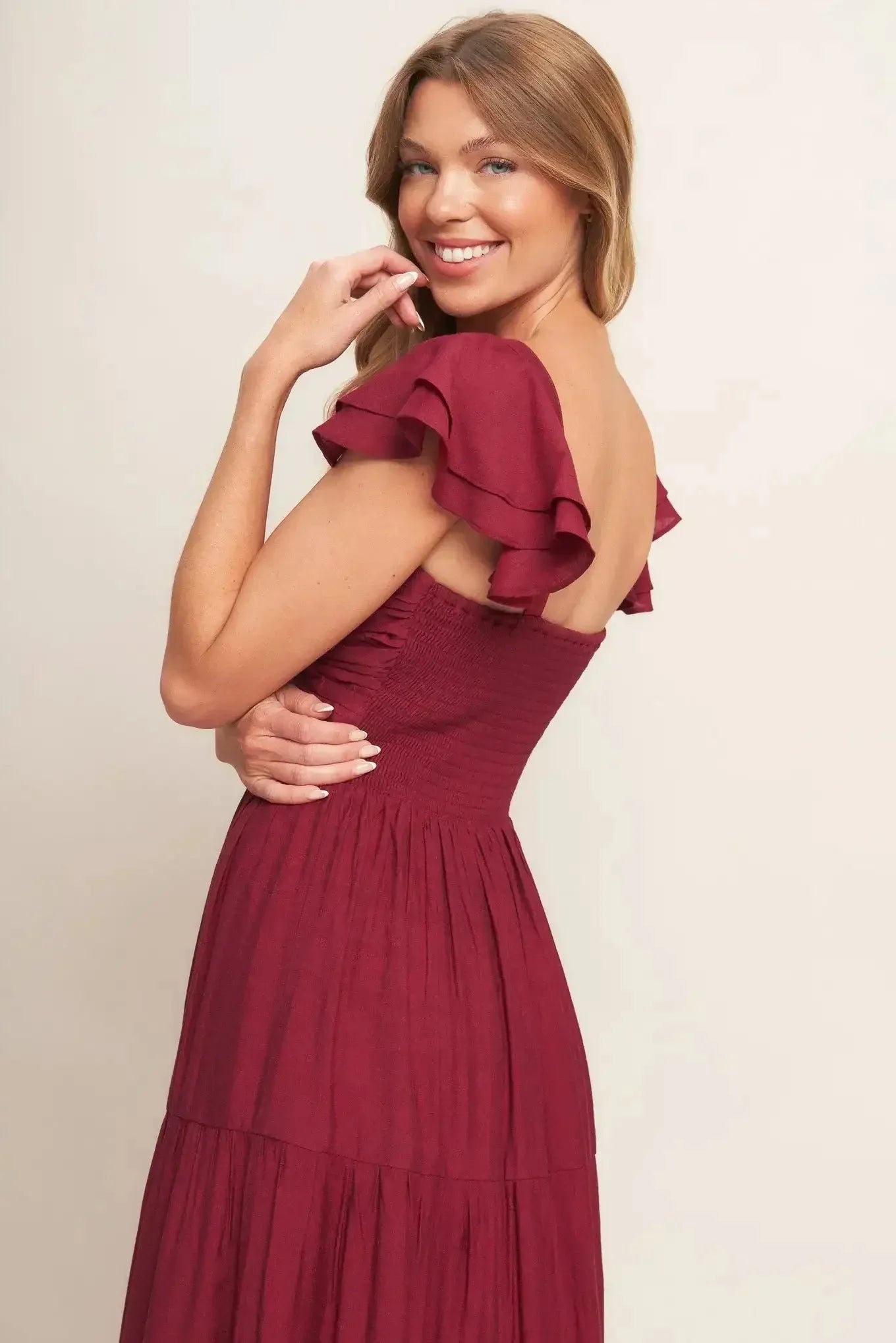 Romantic A-Line Square Neck Ruffle Strap Smocked Back Floor-Length Casual Dresses