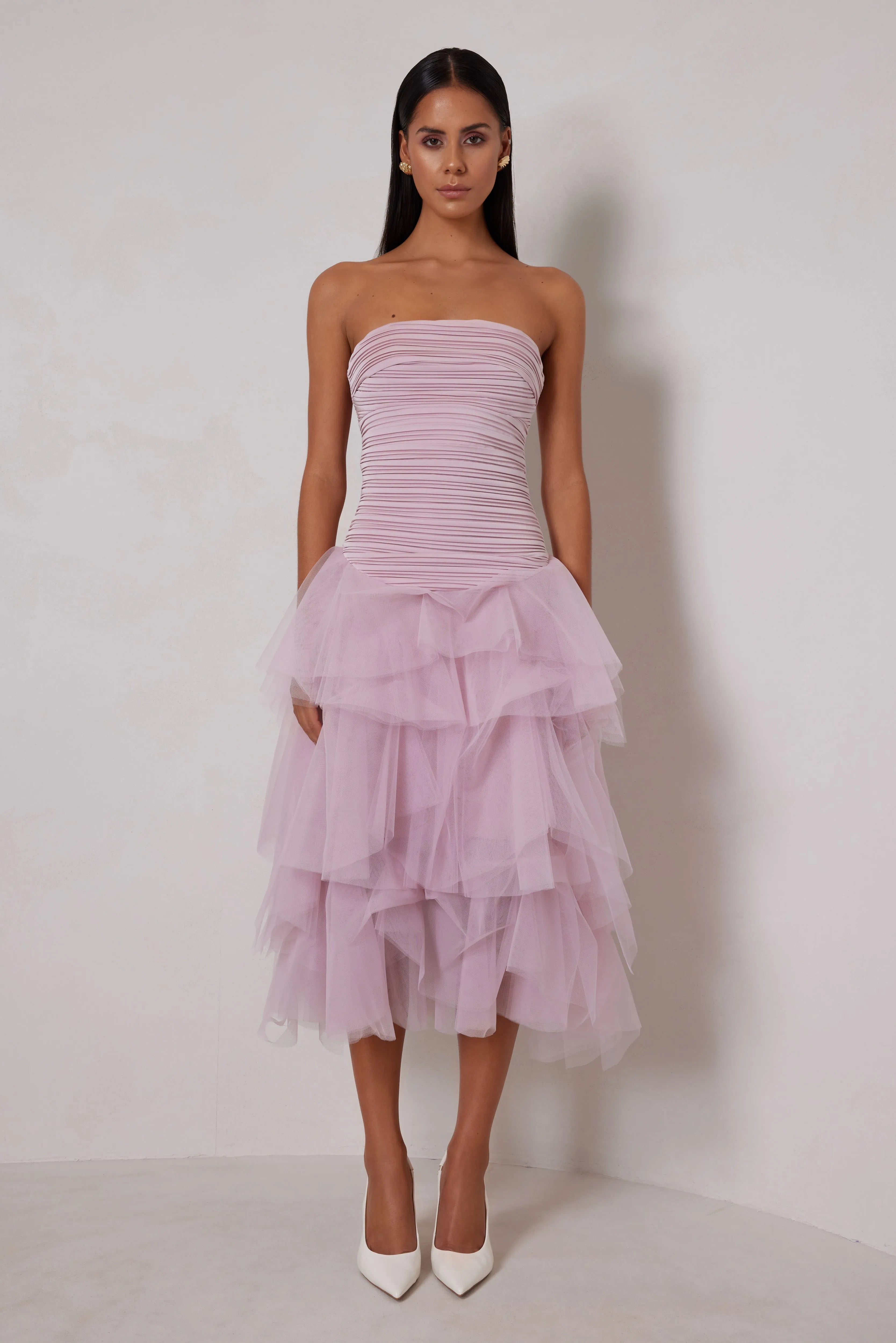 Romantic A-Line Strapless Sleeveless Ruffle Back Midi-Length Prom Dresses