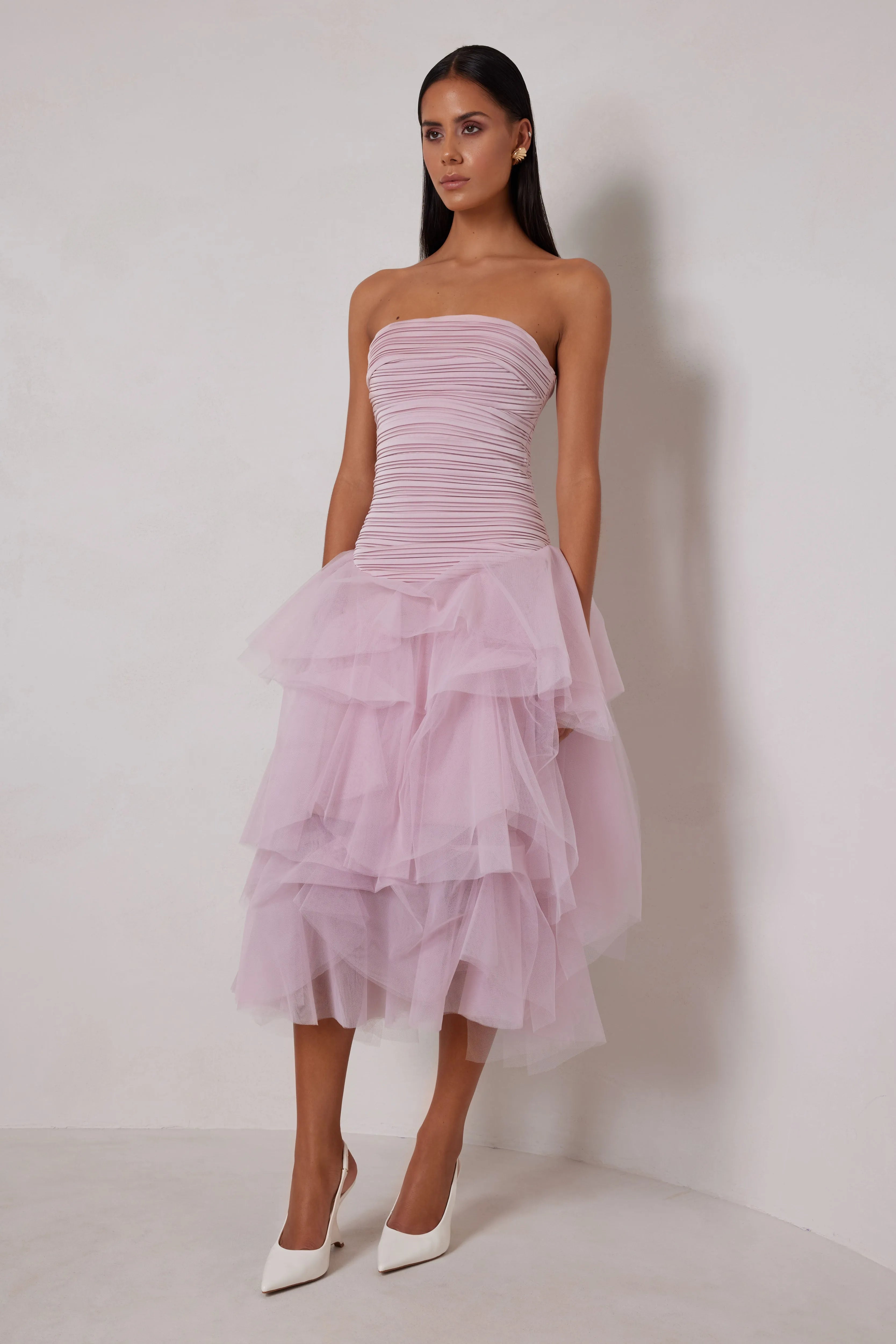 Romantic A-Line Strapless Sleeveless Ruffle Back Midi-Length Prom Dresses