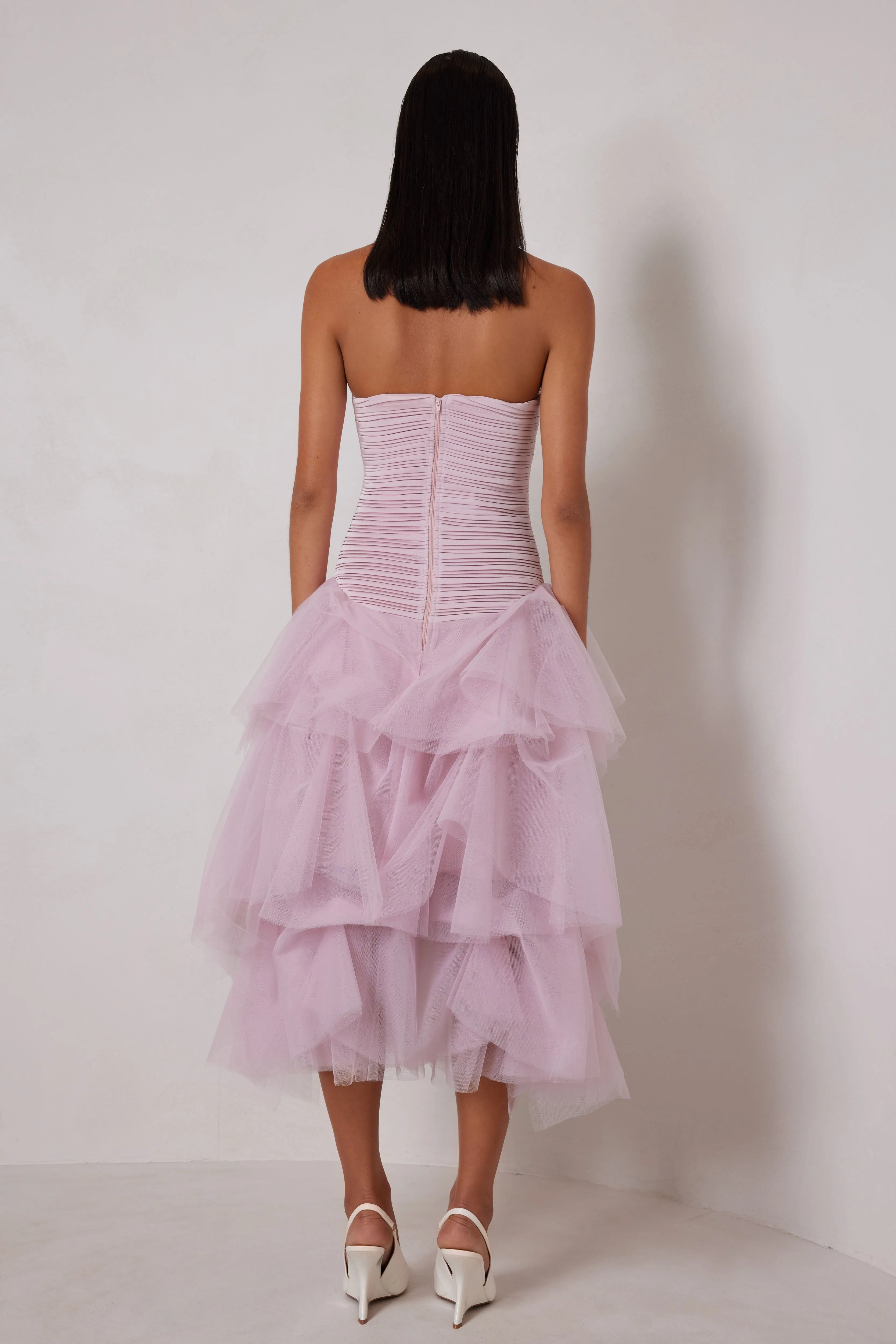 Romantic A-Line Strapless Sleeveless Ruffle Back Midi-Length Prom Dresses