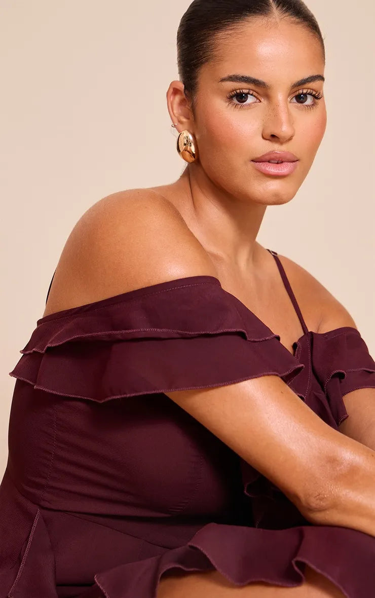 Romantic A-Line Sweetheart Cold Shoulder Ruffle Back Maxi Party Plus Size Dresses