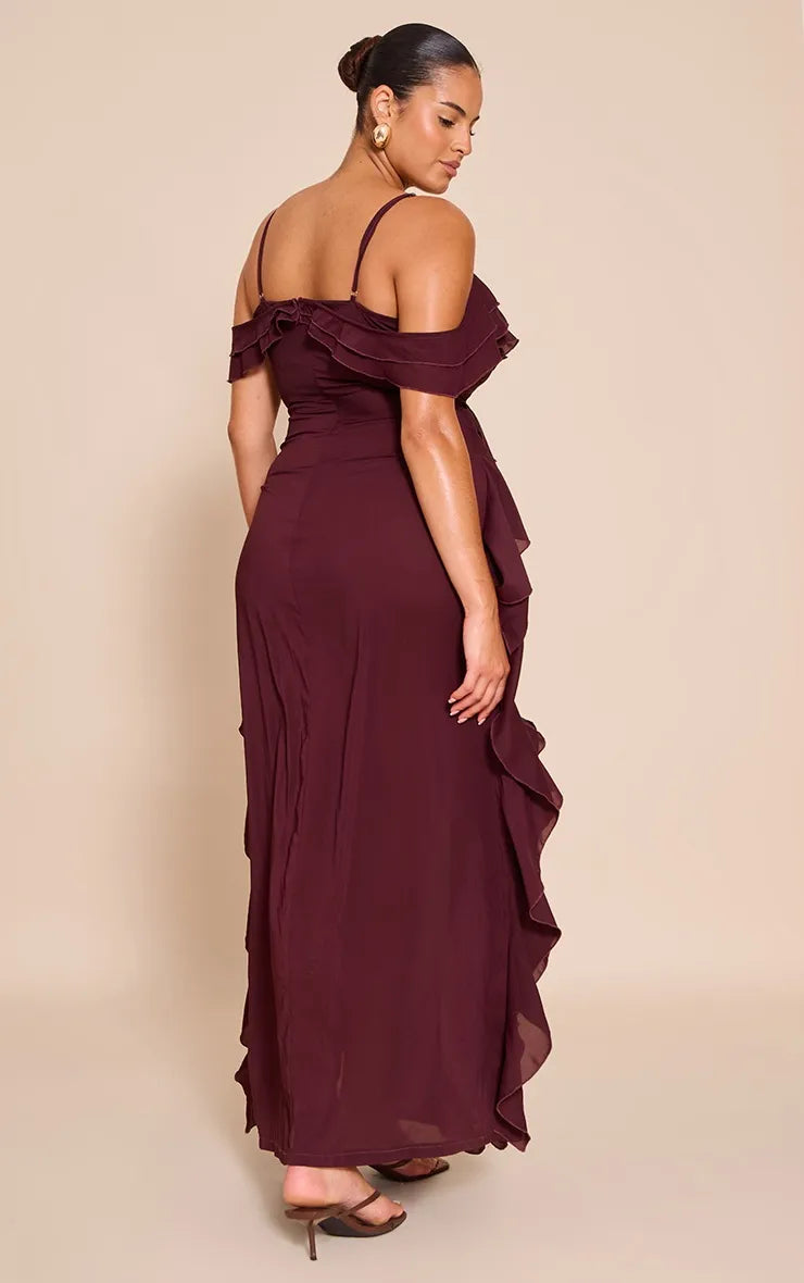Romantic A-Line Sweetheart Cold Shoulder Ruffle Back Maxi Party Plus Size Dresses