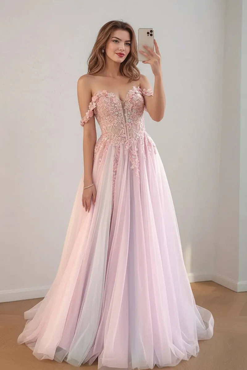 Romantic A-Line Sweetheart Off-the-Shoulder Lace-Embellished Ombre-Floor-Length Prom Dress