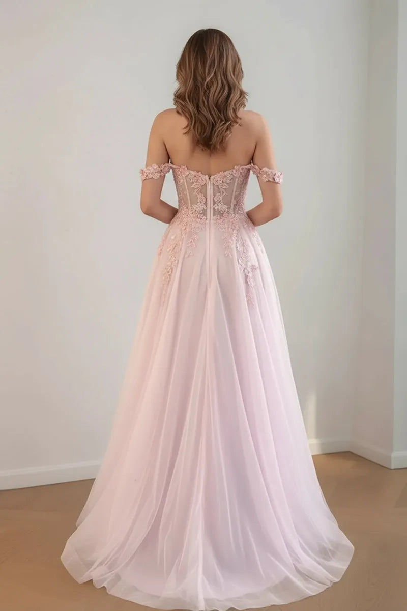 Romantic A-Line Sweetheart Off-the-Shoulder Lace-Embellished Ombre-Floor-Length Prom Dress