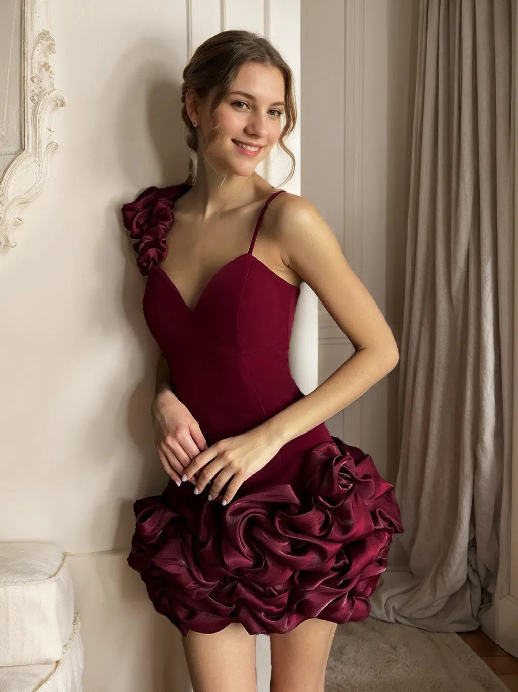 Romantic A-Line Sweetheart One-Shoulder Lace-Up Mini Homecoming Dresses