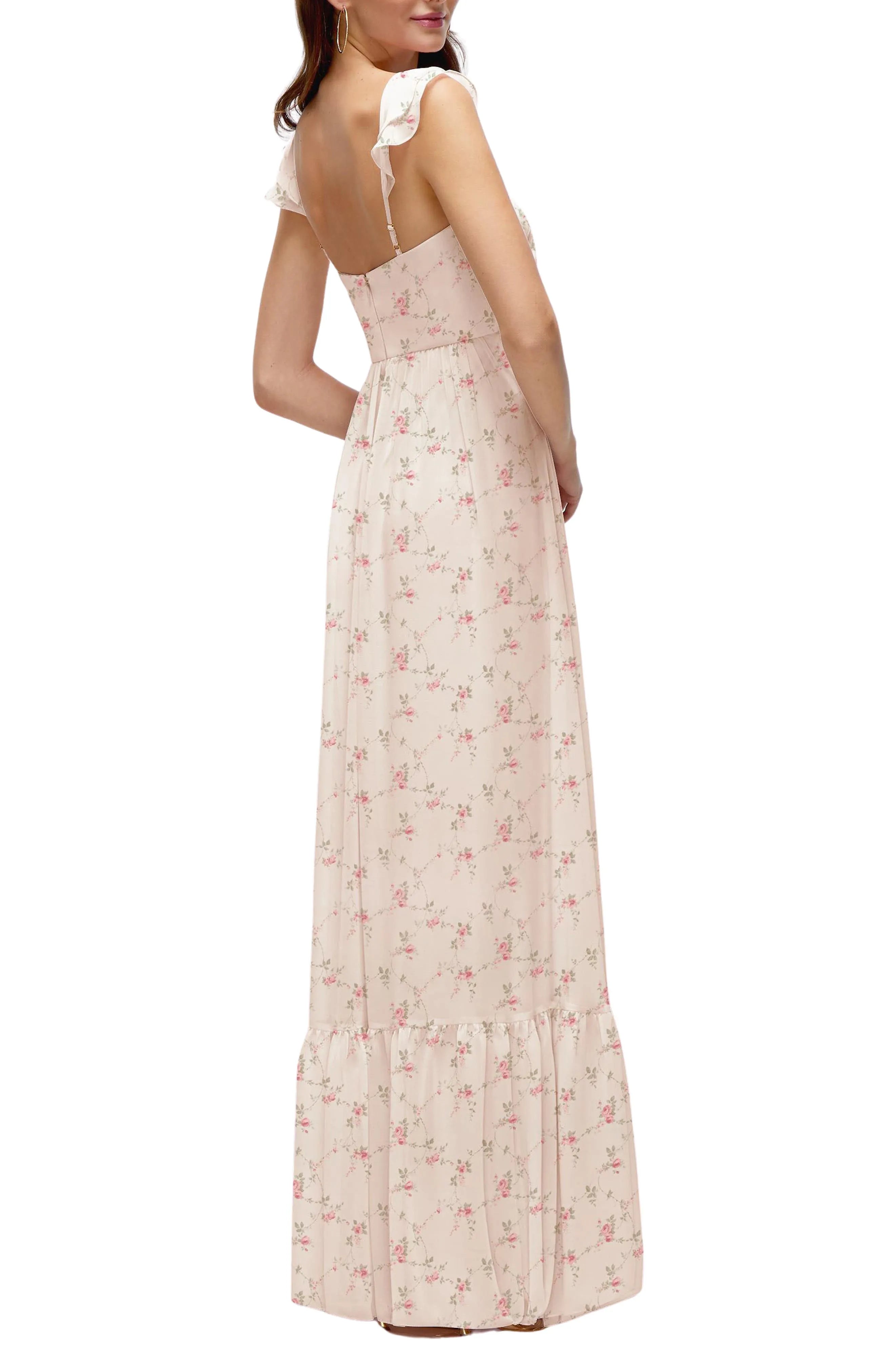Romantic A-Line Sweetheart Ruffle-Sleeve Floral-Print Floor-Length Formal Prom Dresses