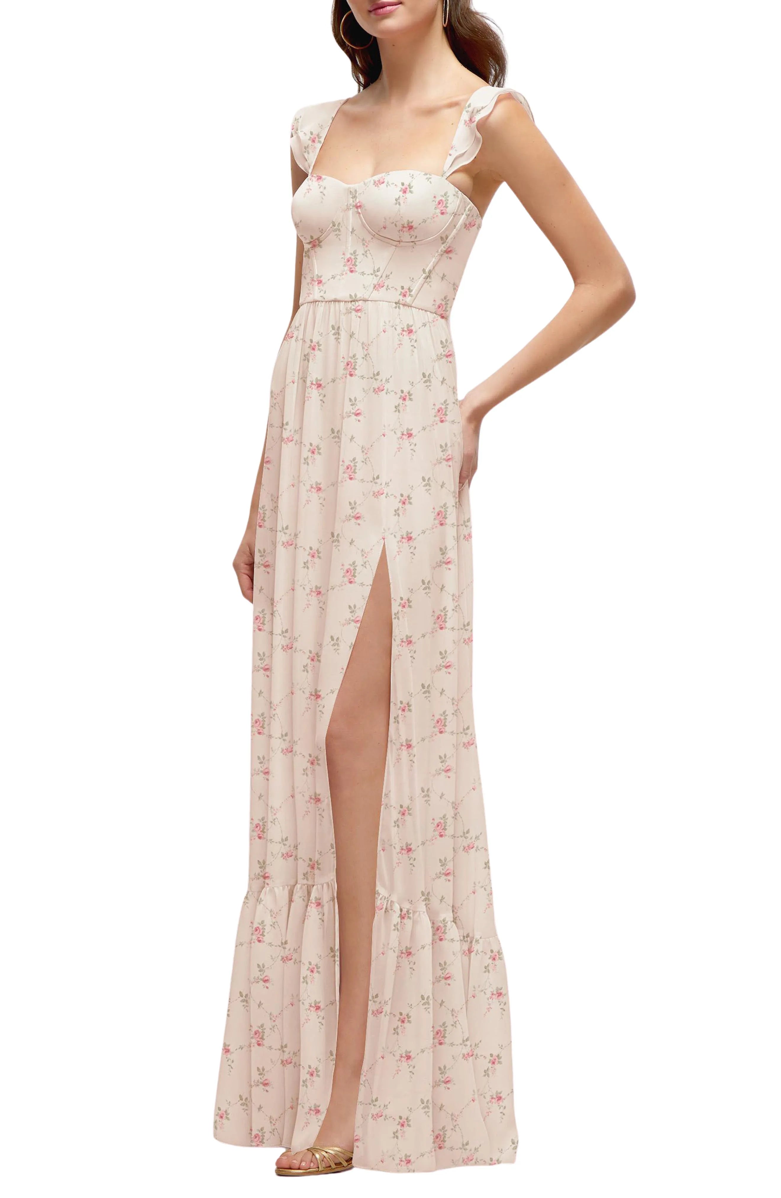 Romantic A-Line Sweetheart Ruffle-Sleeve Floral-Print Floor-Length Formal Prom Dresses