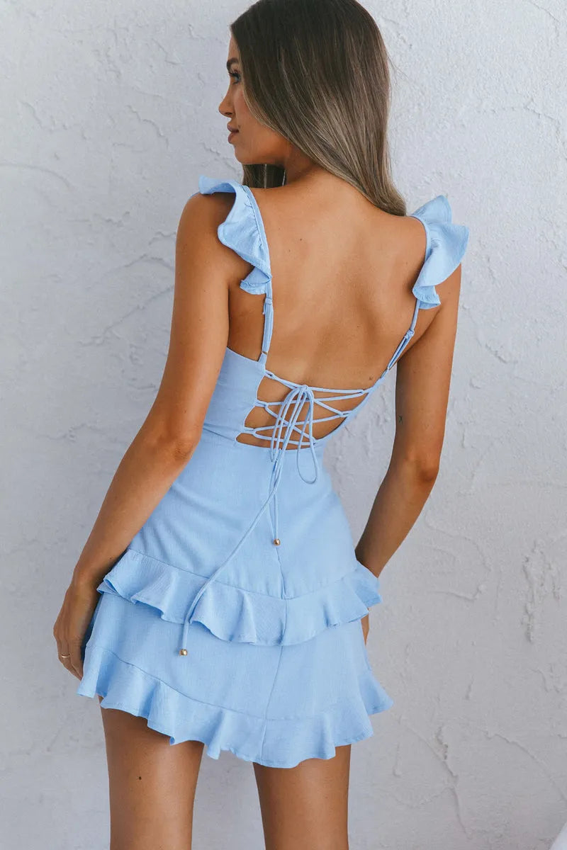 Romantic A-Line Sweetheart Ruffle-Strap Lace-Up Mini Homecoming Dresses