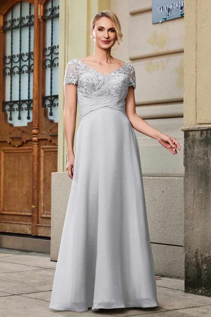 Romantic A-Line Sweetheart Short-Sleeve V-Back Floor-Length Mother of the Bride Dresses