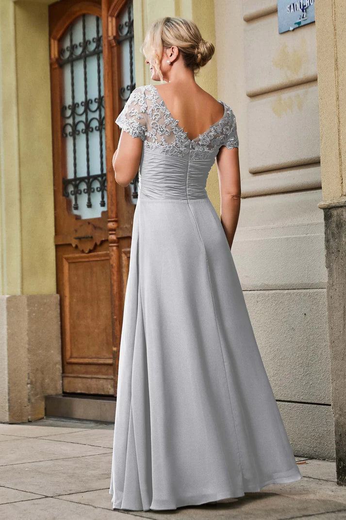 Romantic A-Line Sweetheart Short-Sleeve V-Back Floor-Length Mother of the Bride Dresses