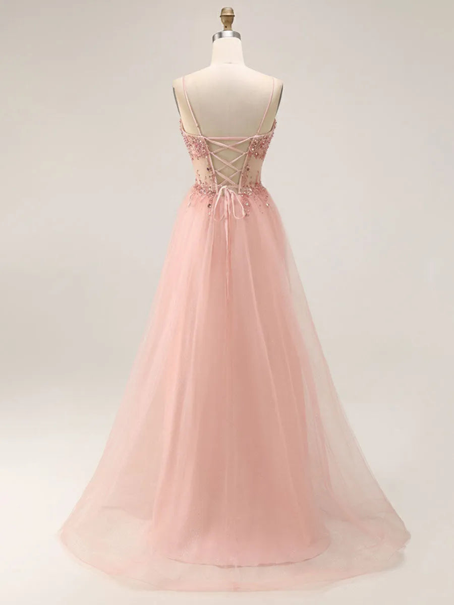 Romantic A-Line Sweetheart Spaghetti Strap Lace-Up Back Floor-Length Prom Dresses