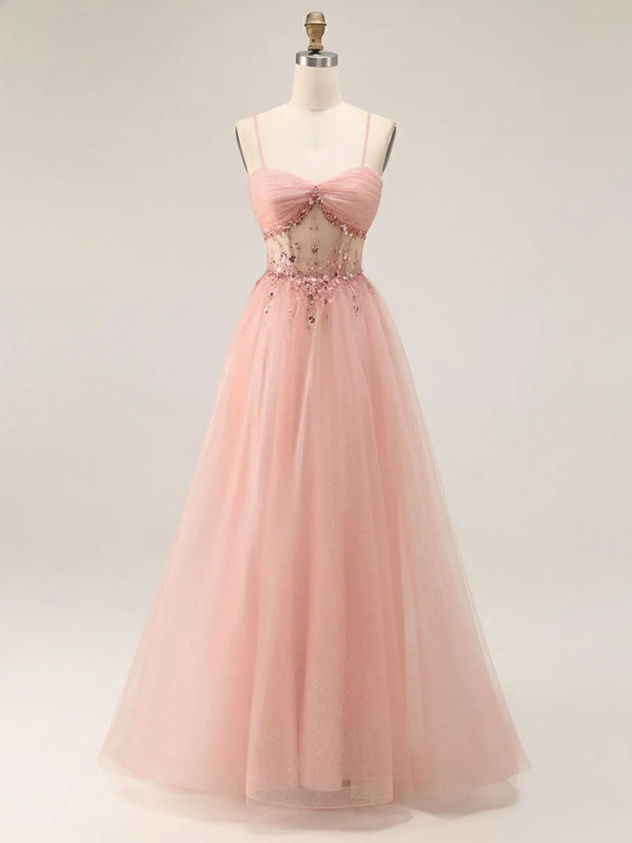 Romantic A-Line Sweetheart Spaghetti Strap Lace-Up Back Floor-Length Prom Dresses