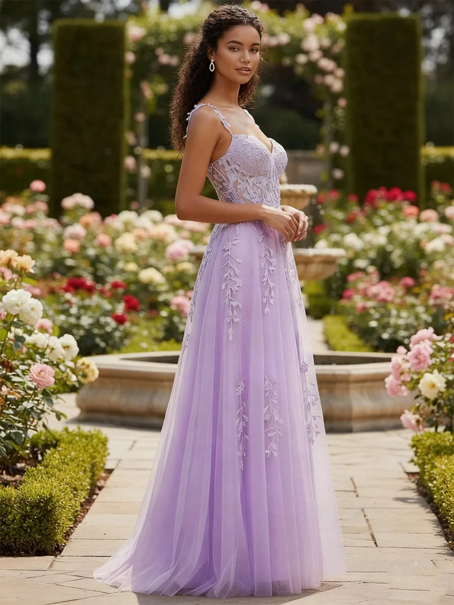 Romantic A-Line Sweetheart Spaghetti Strap Lace Back Floor-Length Prom Dresses
