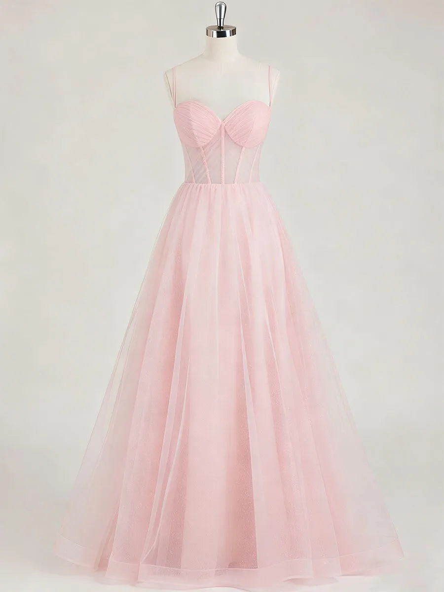 Romantic A-Line Sweetheart Spaghetti Strap Zipper Back Floor-Length Prom Dresses