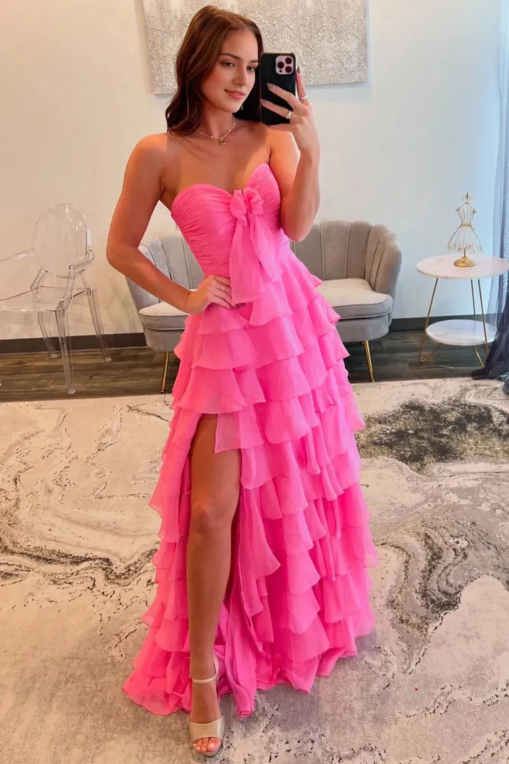 Romantic A-Line Sweetheart Strapless Sleeveless Zipper Back Tiered Chiffon Floor-Length Prom Dress With Slit