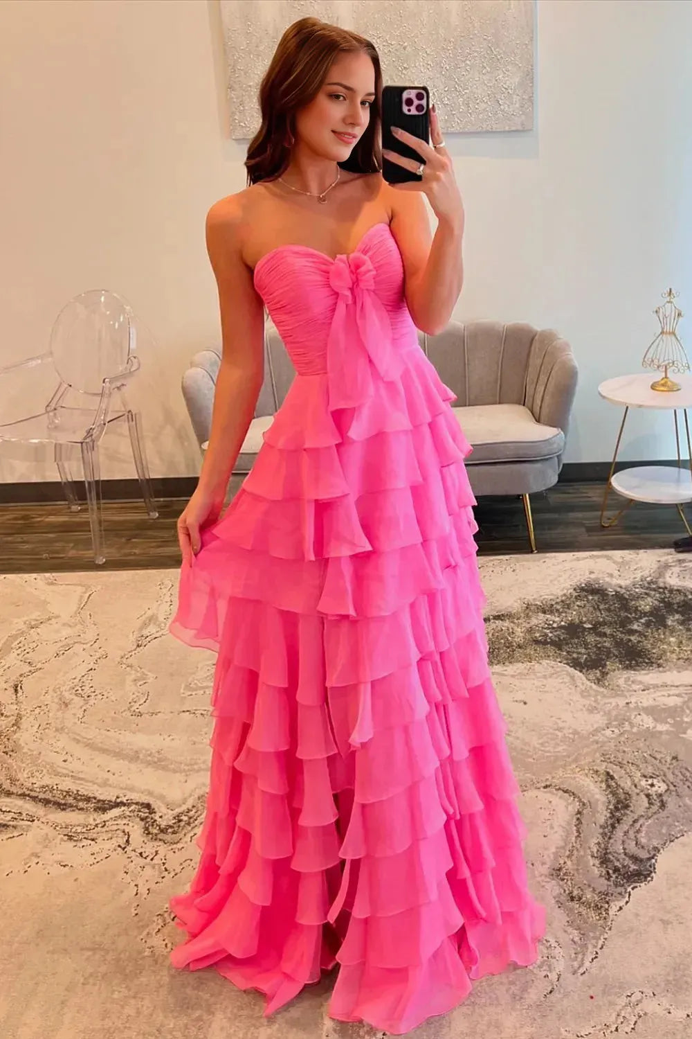 Romantic A-Line Sweetheart Strapless Sleeveless Zipper Back Tiered Chiffon Floor-Length Prom Dress With Slit