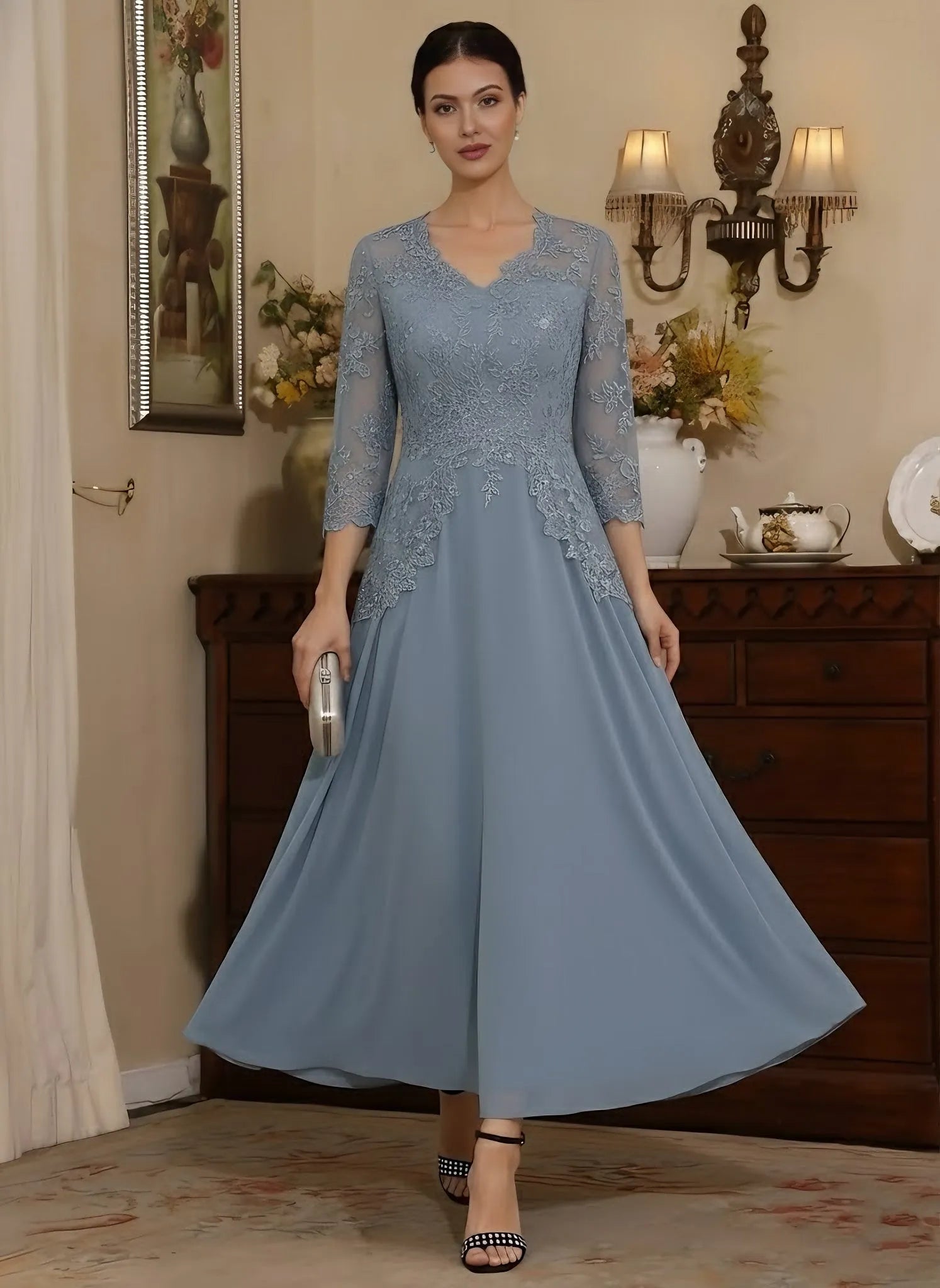 Romantic A-Line V-Neck 3/4-Sleeve Zip-Back Tea-Length Mother of the Bride Dresses