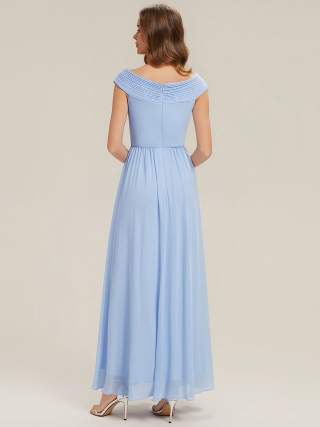 Romantic A-Line V-Neck Cap-Sleeve Zipper-Back Floor-Length Bridesmaid Dresses