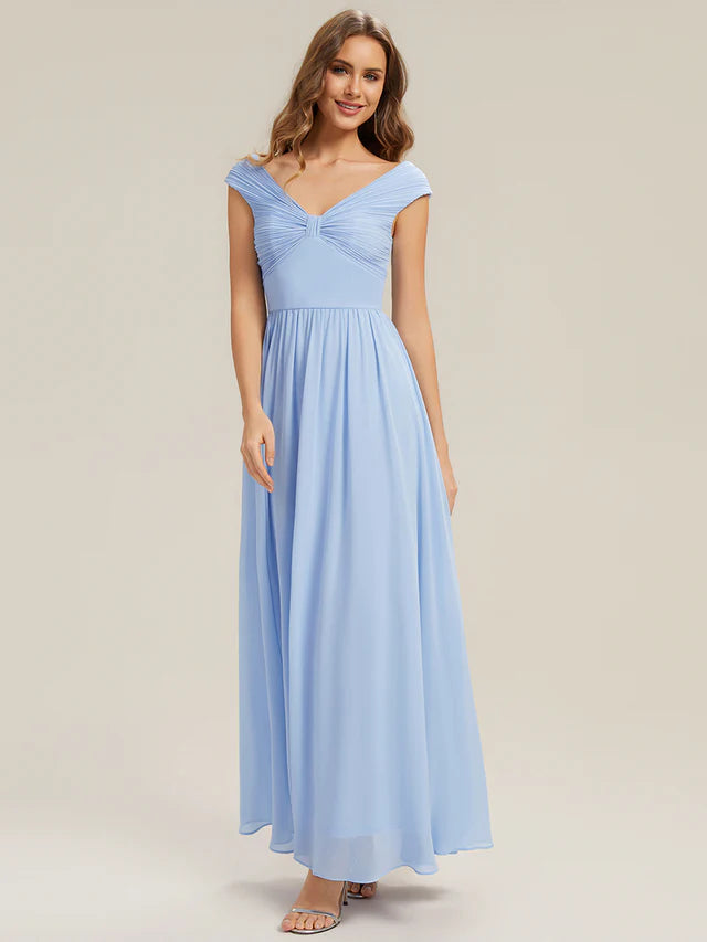 Romantic A-Line V-Neck Cap-Sleeve Zipper-Back Floor-Length Bridesmaid Dresses