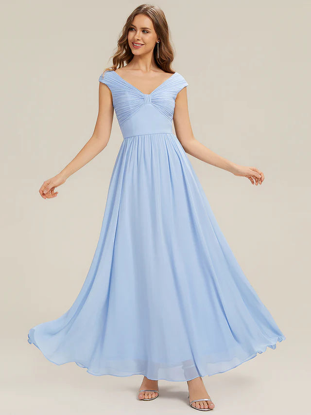 Romantic A-Line V-Neck Cap-Sleeve Zipper-Back Floor-Length Bridesmaid Dresses